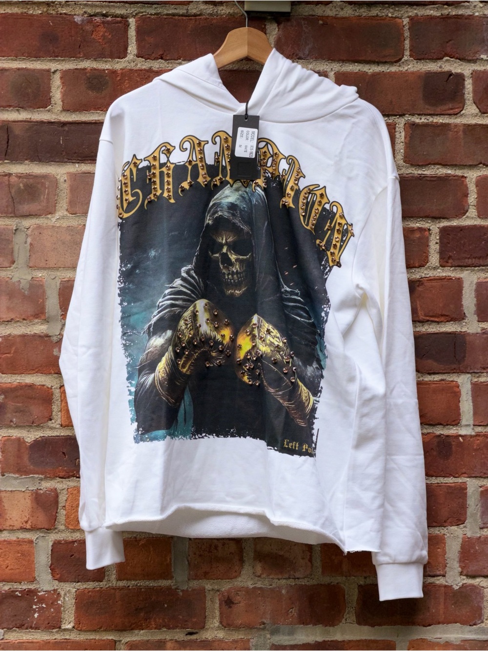 Left point Italy White Graphic Hooded Long-Sleeve Shirt with boxing Skull Print